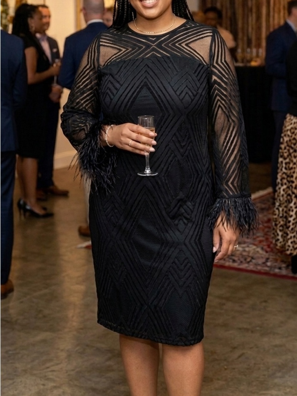 NWT Eloquii Black Geometric Lace Feather Trim Cocktail Dress Size 16